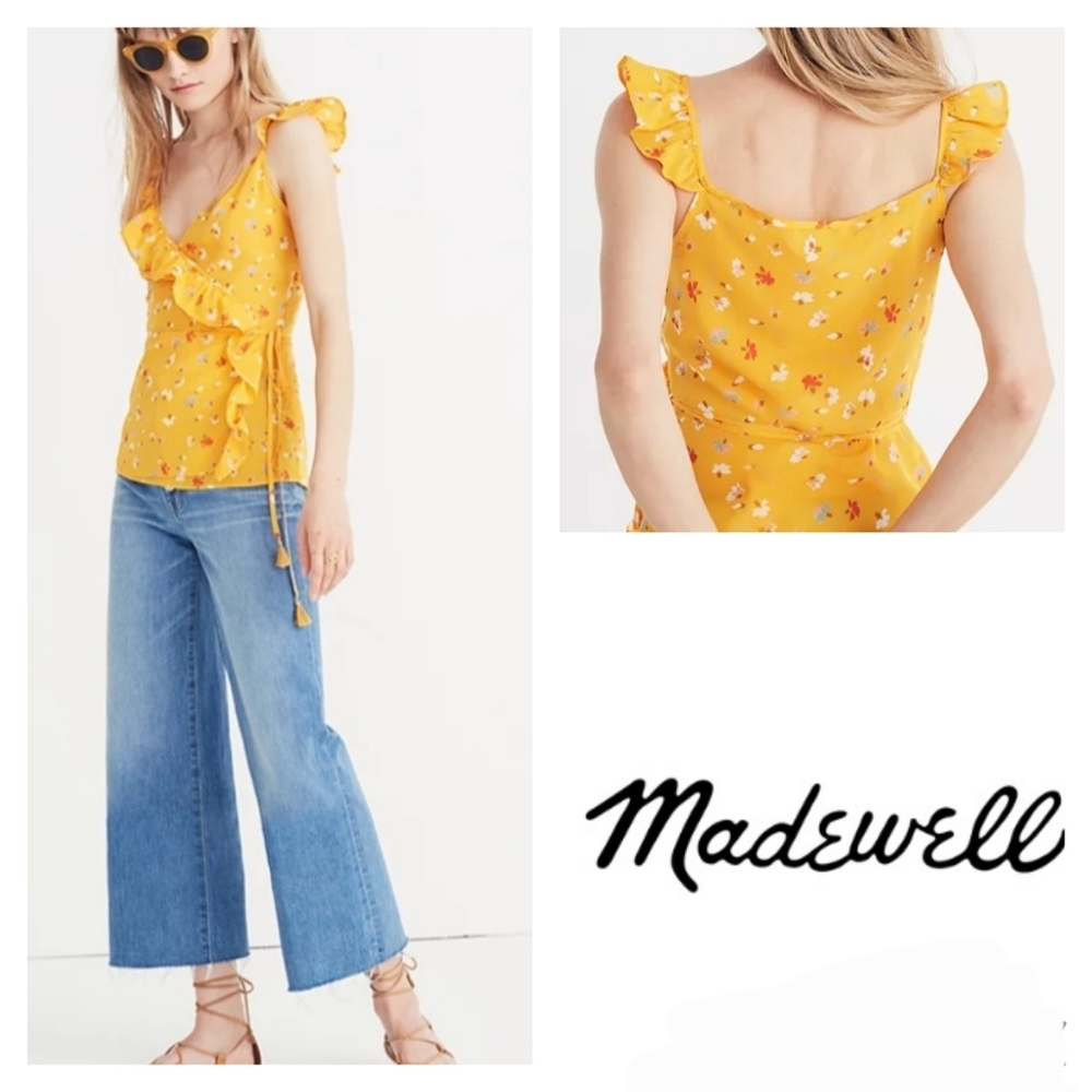 Madewell Silk Gold Yellow Floral Wrap Blouse Top Size 10 Medium Flutter Sleeve